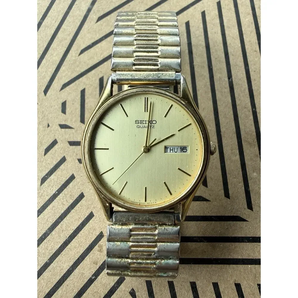 Vintage Seiko 6533-8019 Quartz Day Date Gold Tone Men’s Watch Box Runs Speidel